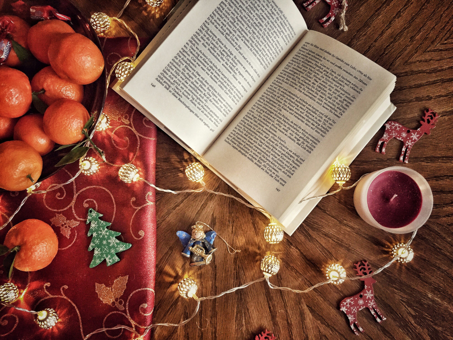 A book surrounded by Christmas lights